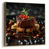 Framed canvas featuring a vintage poster of various food dishes in silver and gold tones, ideal for bedroom wall decor.