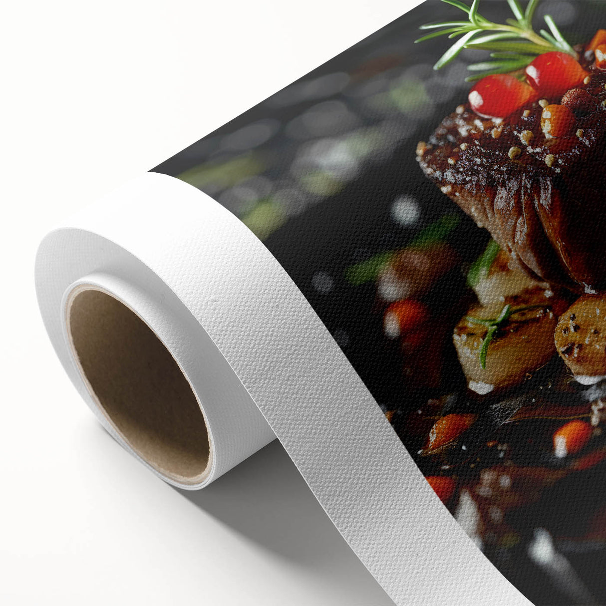 Art Deco poster featuring a variety of stylized food dishes in vibrant colors on rolled canvas, ideal for dining room decor.