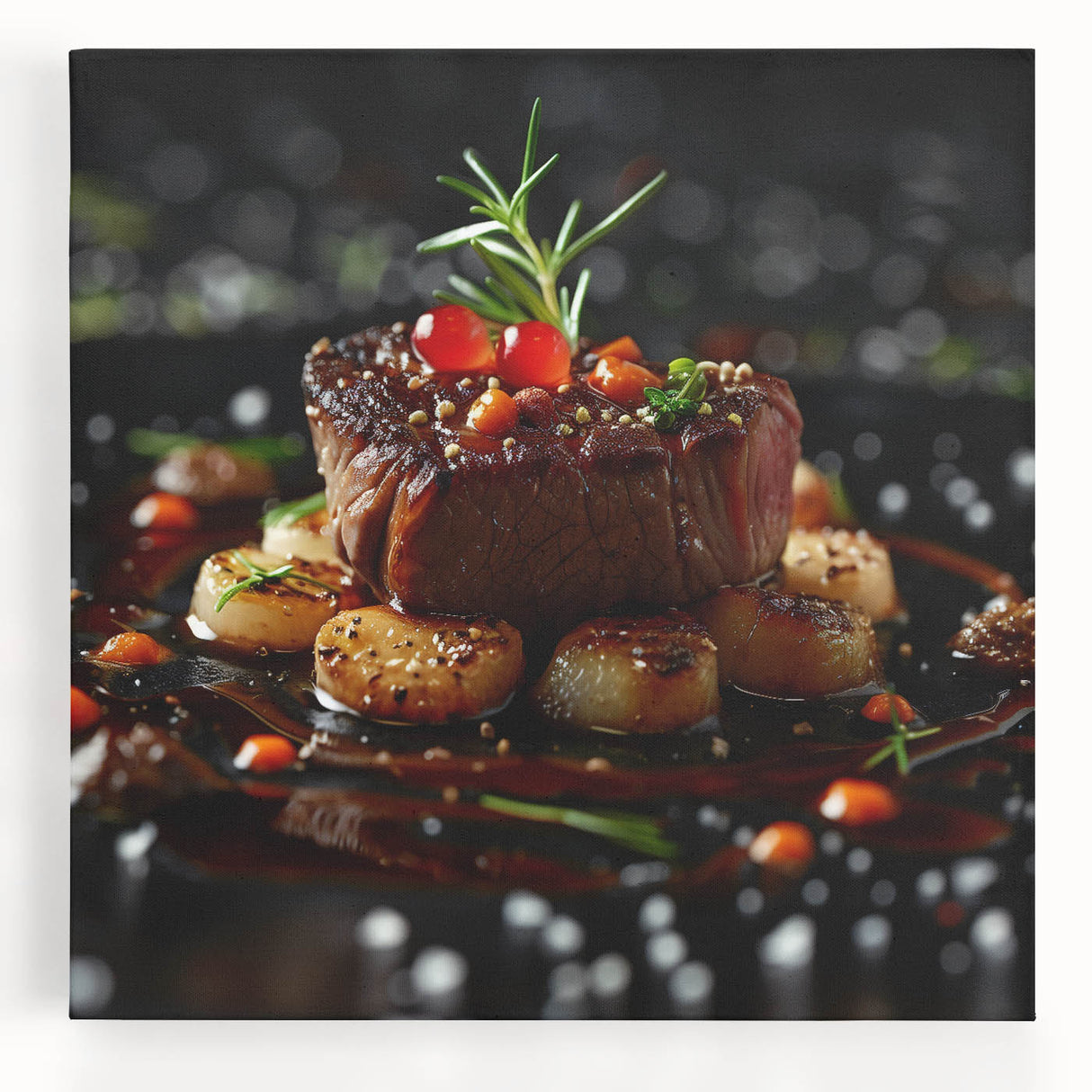 Black and white stretched canvas featuring an array of illustrated food dishes, ideal for kitchen wall art.