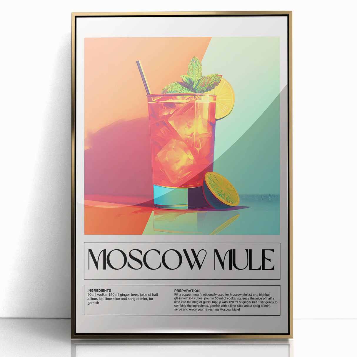 Art deco poster of cocktails in bold gold and black hues, framed acrylic, suitable for modern kitchen decor.