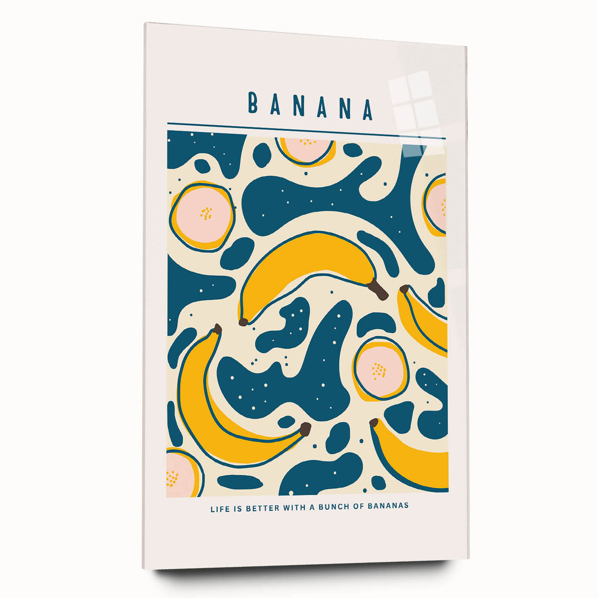 Large abstract wall art featuring vibrant fruit designs on acrylic glass, ideal for bedroom or dining room decor.