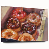 Large abstract wall art featuring assorted pastries in vibrant colors on acrylic glass.
