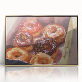 Large acrylic print of colorful pastries in a mid-century modernist style, framed in gold, suitable for modern kitchen decor.
