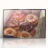 Mid-century modernist art featuring an array of pastries in muted colors, presented in a silver-framed acrylic print.