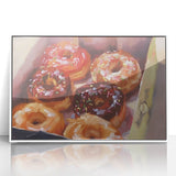 Acrylic print of pastries in art deco style with muted colors, framed in white, suitable for modern kitchen decor.