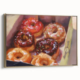 Framed canvas wall art of vintage pastries in muted gold and black tones, ideal for bedroom decor.