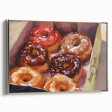 Vintage poster art of colorful pastries on black background, framed canvas, ideal for kitchen wall art.