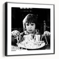 Black and white framed canvas featuring a vintage poster-style landscape with silhouetted figures, ideal for bedroom decor.