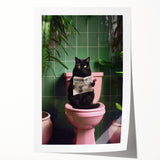 Bathroom Framed Art - Black Cat Reading Newspaper