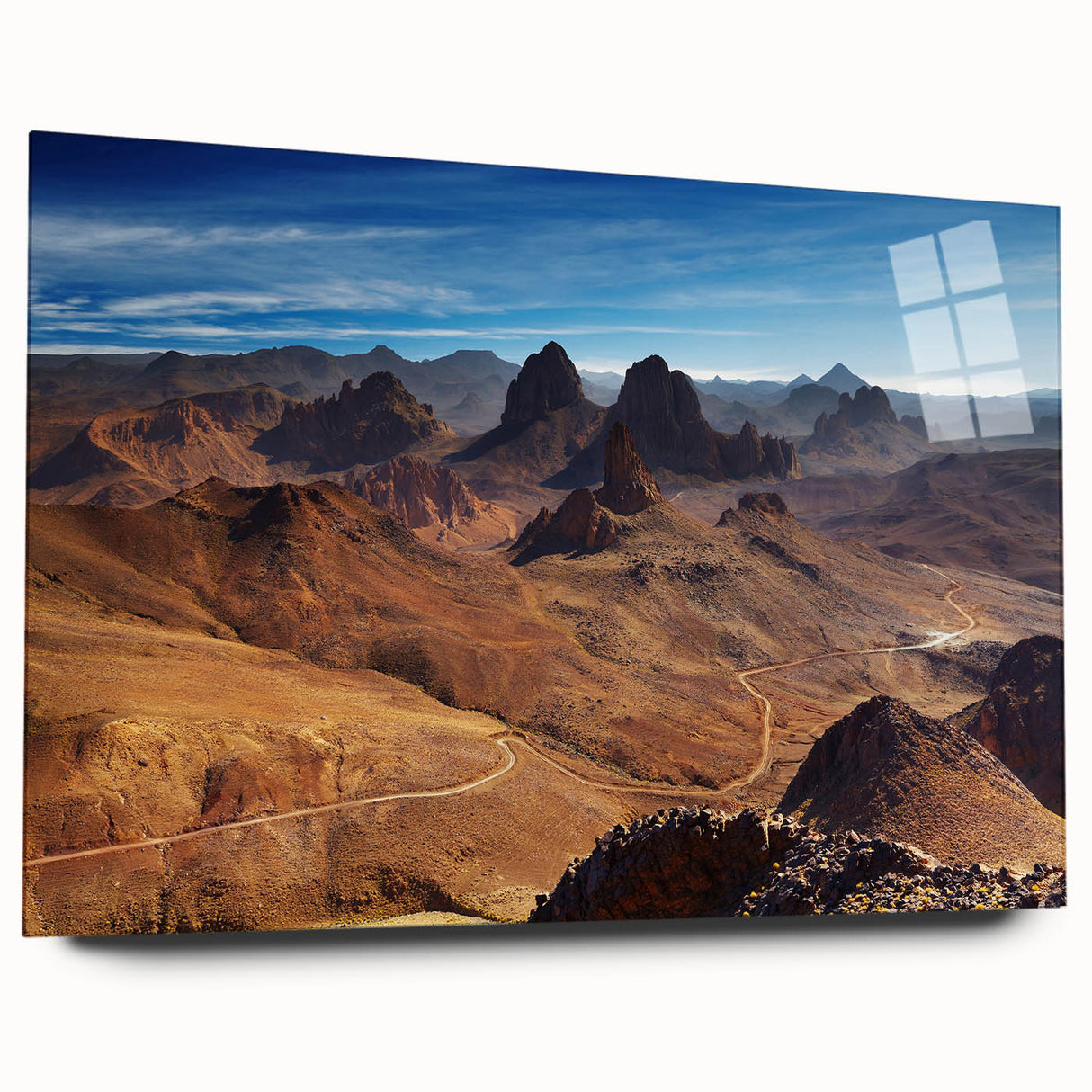 Large abstract wall art depicting the Algerian landscape in earthy tones on acrylic glass.