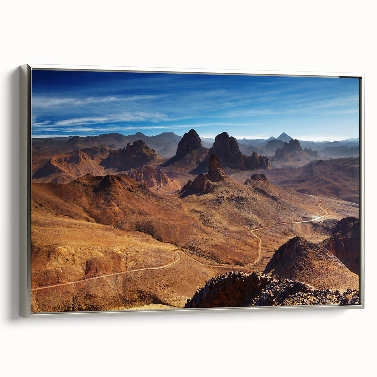 Vintage poster art of a colorful Algerian scenery on a large framed canvas, ideal for living room decor.