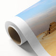 Rolled canvas featuring art deco depiction of Egyptian scenery in muted earth tones, ideal for nursery wall art.
