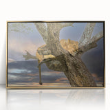 Mid-century modernist style acrylic print of a Kenyan landscape with gold frame, featuring muted earth tones.