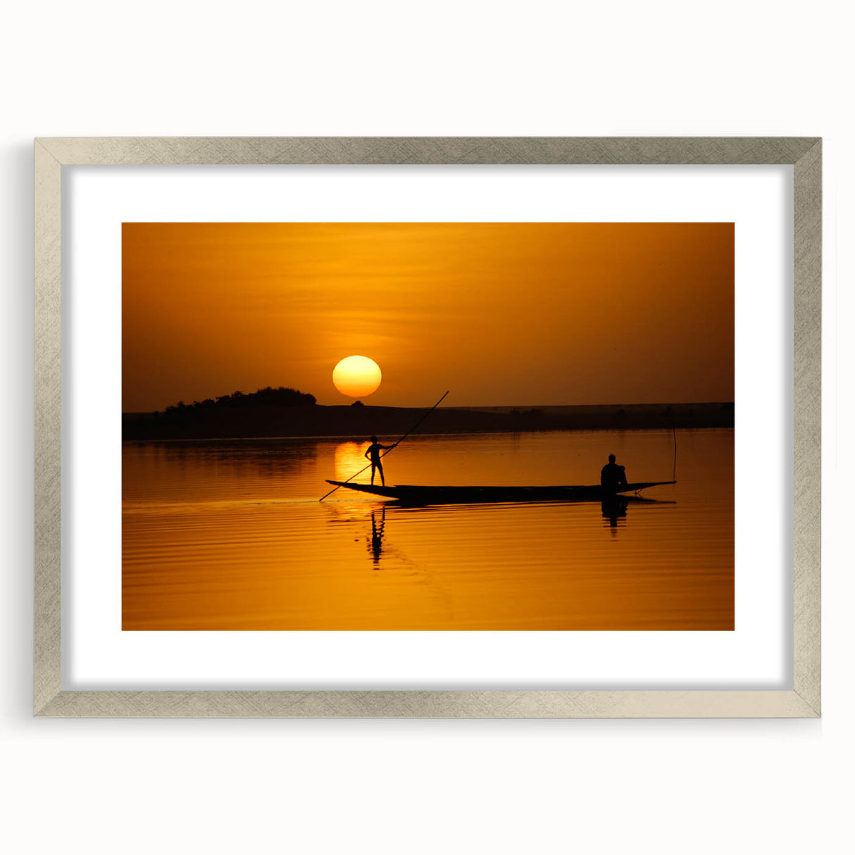 Abstract art print of a Mali landscape in muted earth tones on a framed silver mat, suitable for dining room decor.