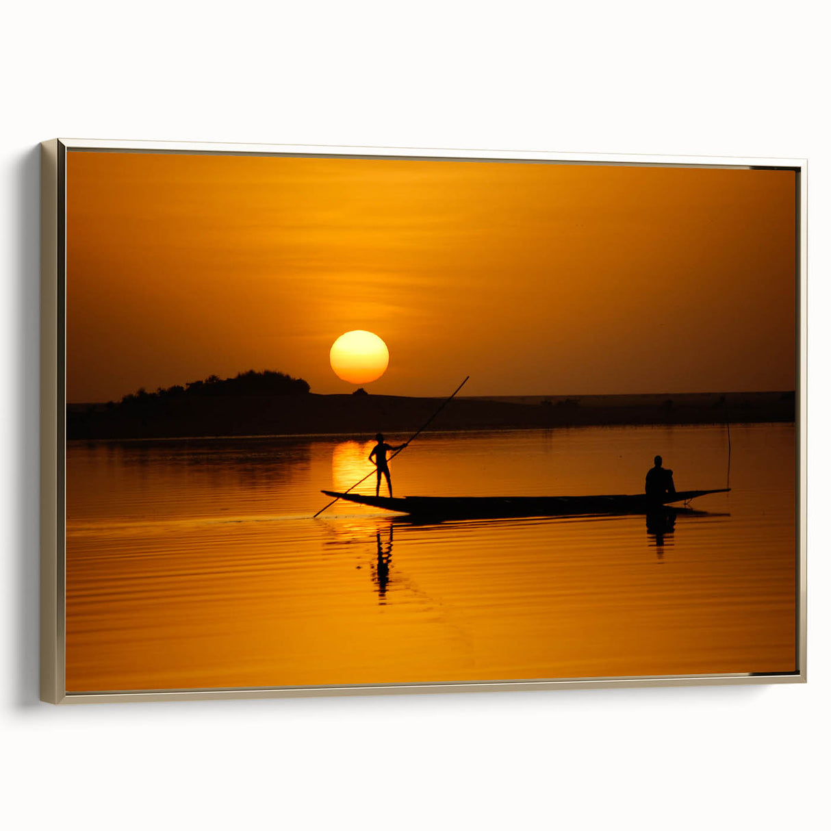 Landscape art painting of a Mali scenery on framed canvas, featuring a vintage poster style with a palette of gold and black.