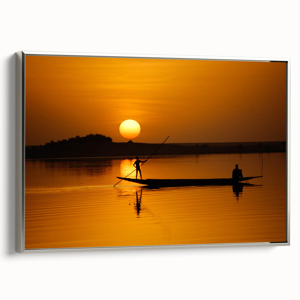 Vintage poster art of a Mali scenery in vibrant colors on a silver-framed canvas, ideal for living room decor.