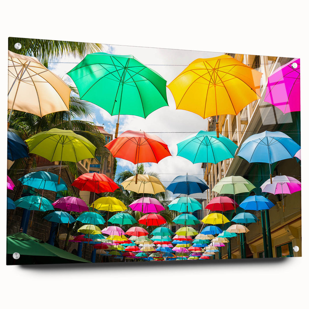 Acrylic print of a Mauritian landscape, featuring vivid blue and green tones, ideal for dining room decor.