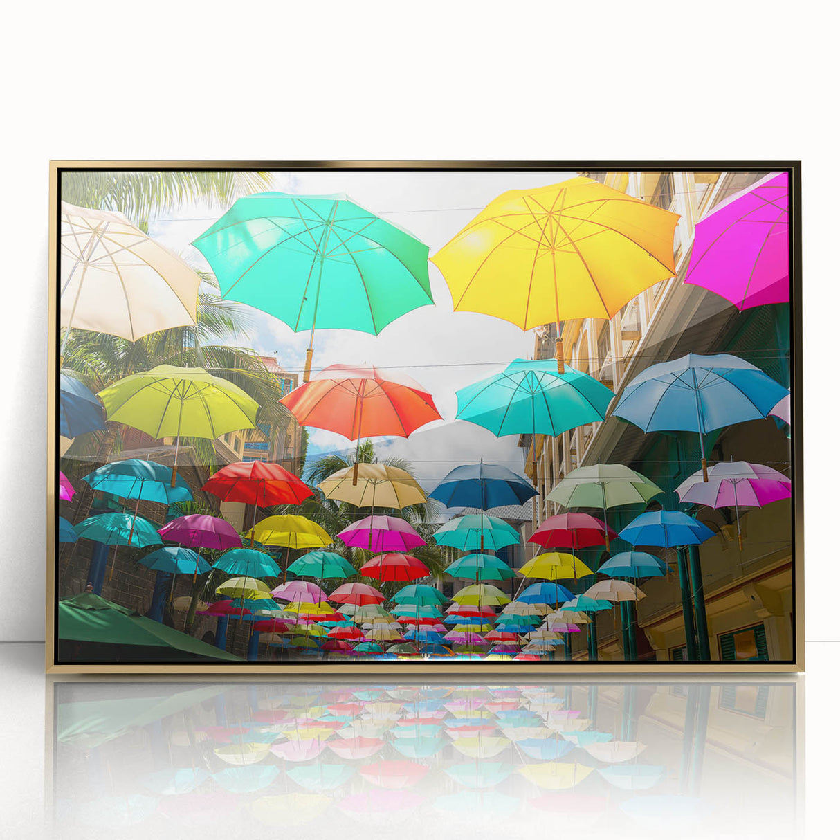 Mid-century modernist art of a Mauritian landscape in gold acrylic frame, ideal for modern art wall decor.