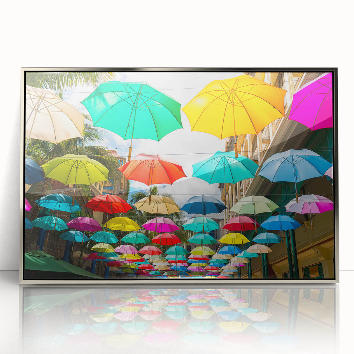 Acrylic print of a serene Mauritius landscape in silver frame, displaying art deco style, suitable for modern art wall decor.