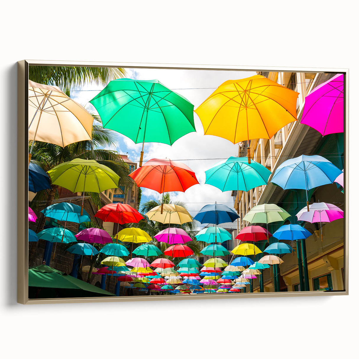 Landscape art painting of a Mauritius scenery on framed canvas, featuring vibrant colors with a vintage poster art style.