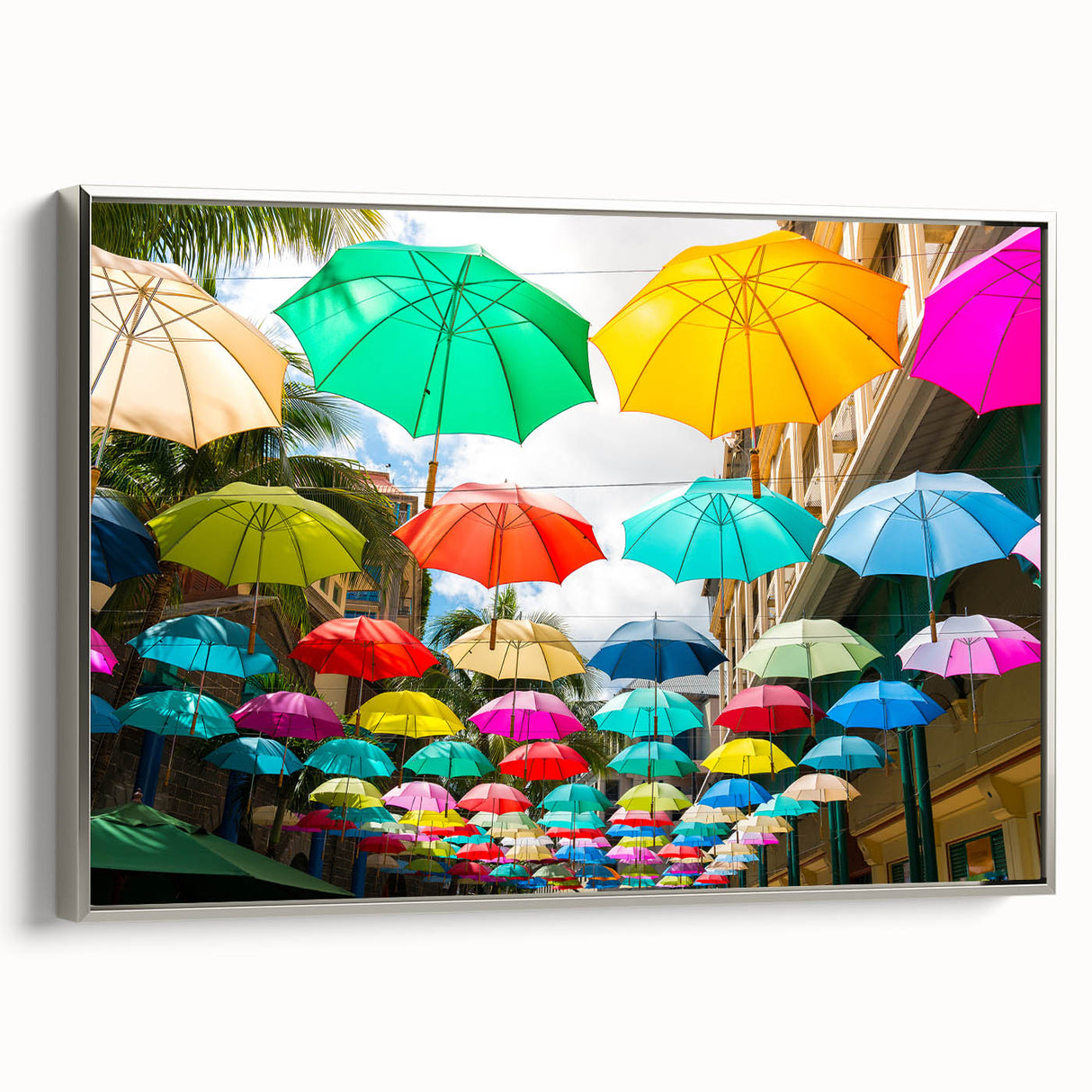 Vintage poster art of a colorful Mauritius scenery on a large framed canvas, ideal for living room decor.