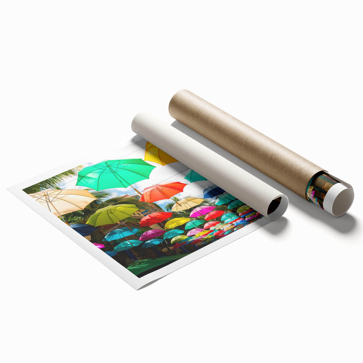 Extra large rolled print of a Mauritian landscape with vibrant green foliage and sky-blue backdrop.
