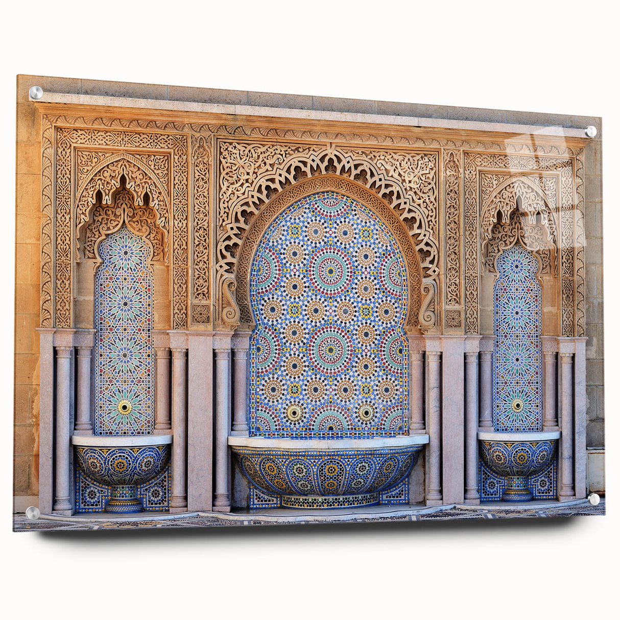 Acrylic print of a Moroccan landscape in muted earth tones, ideal for dining room or bedroom decor.