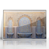 Large art print of a Moroccan landscape in muted earth tones on framed acrylic, suitable for modern art wall decor.
