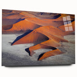 Large abstract wall art of Namibian scenery in muted earth tones on acrylic glass, ideal for bedroom or dining room decor.