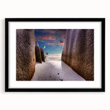Extra large abstract art print depicting a colorful, textured scene of Seychelles on a black framed canvas.
