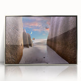 Mid-century modernist art depicting the Seychelles landscape on a framed acrylic, featuring muted earth tones.