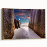 Framed canvas depicting a serene Seychelles landscape in muted earth tones, ideal for bedroom wall art.