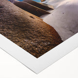 Art deco poster of Seychelles scenery on rolled canvas, featuring muted blue and green tones.