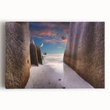 Black and white photograph of Seychelles landscape on stretched canvas, ideal for kitchen wall art or bedroom ambiance.