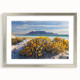 Textured abstract art print of African scenery in muted earth tones, framed in silver, ideal for bedroom art.