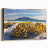 Framed canvas depicting a serene African landscape in muted gold and black tones, suitable for bedroom decor.