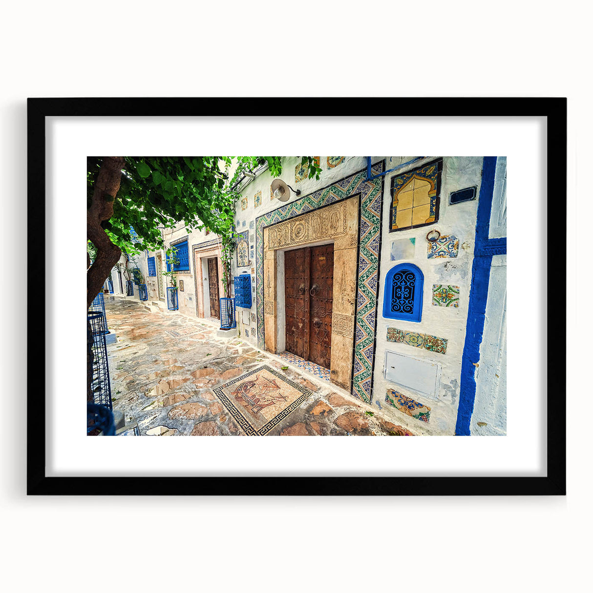 Extra large abstract art print depicting vibrant, colorful African scenery on a textured canvas, framed in black.