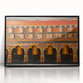 Large abstract wall art depicting a serene Bhutanese landscape in muted earth tones, framed in black acrylic.