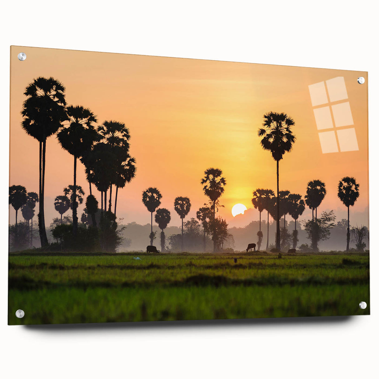 Large abstract wall art depicting a Cambodian landscape in muted earth tones on acrylic glass.