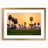 Extra large textured abstract art print of a Cambodian scenery in muted earth tones, framed in gold.