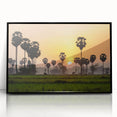 Large abstract wall art depicting a Cambodian landscape in muted earth tones, framed in black acrylic.