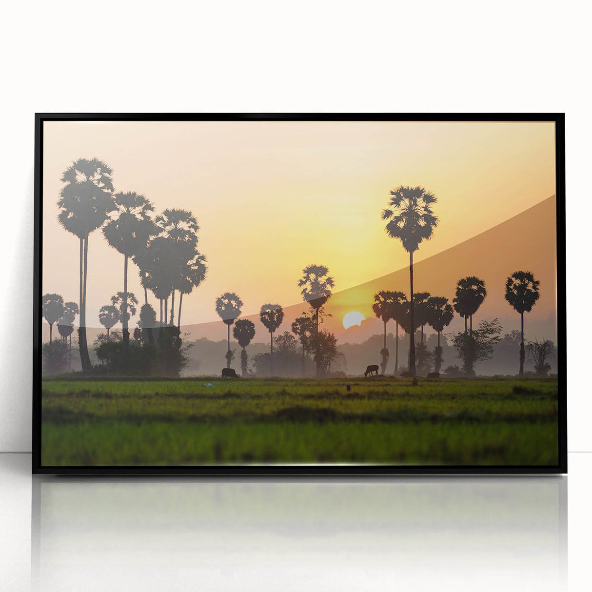 Large abstract wall art depicting a Cambodian landscape in muted earth tones, framed in black acrylic.