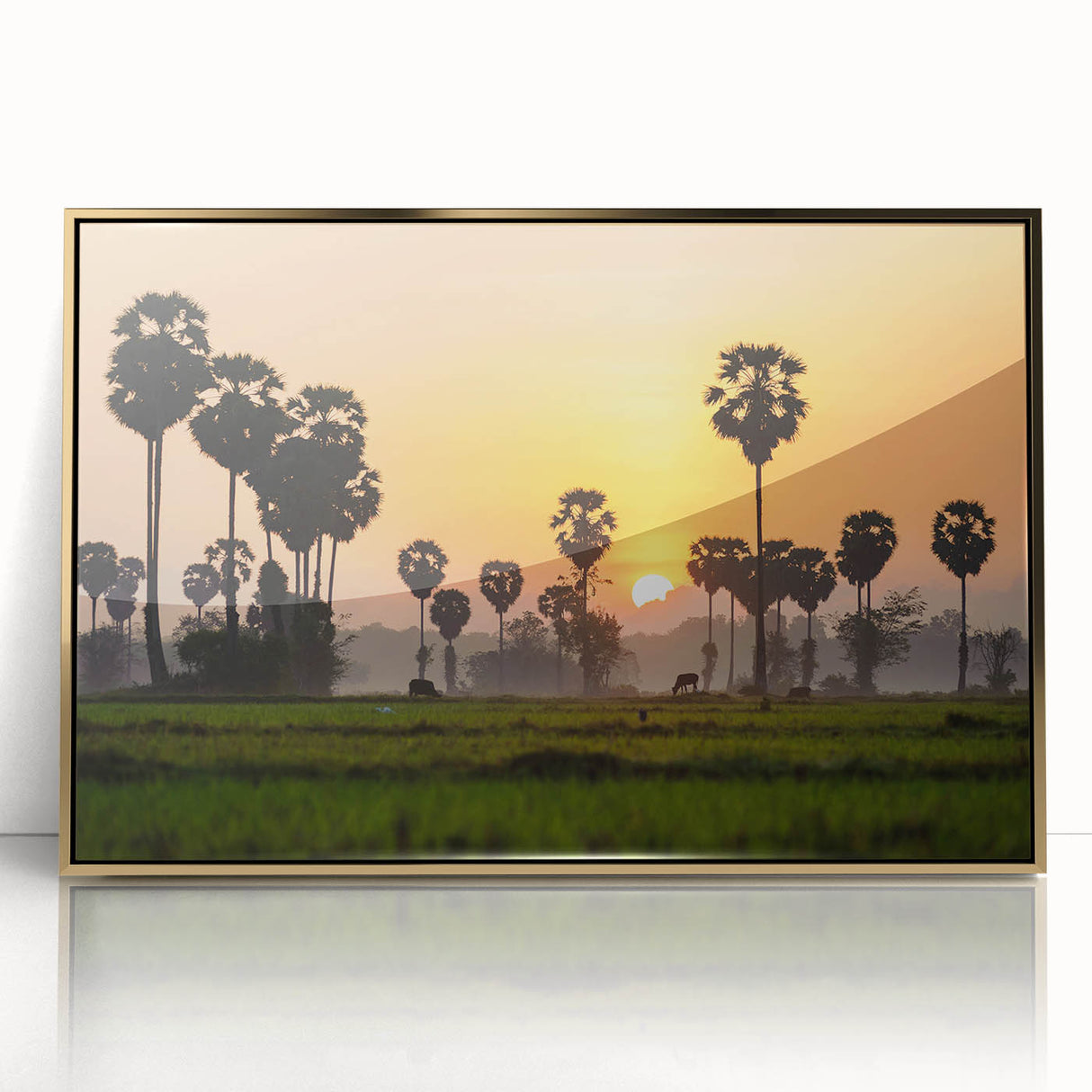 Framed acrylic print of a Cambodian landscape in gold and green tones, ideal for modern art wall decor.