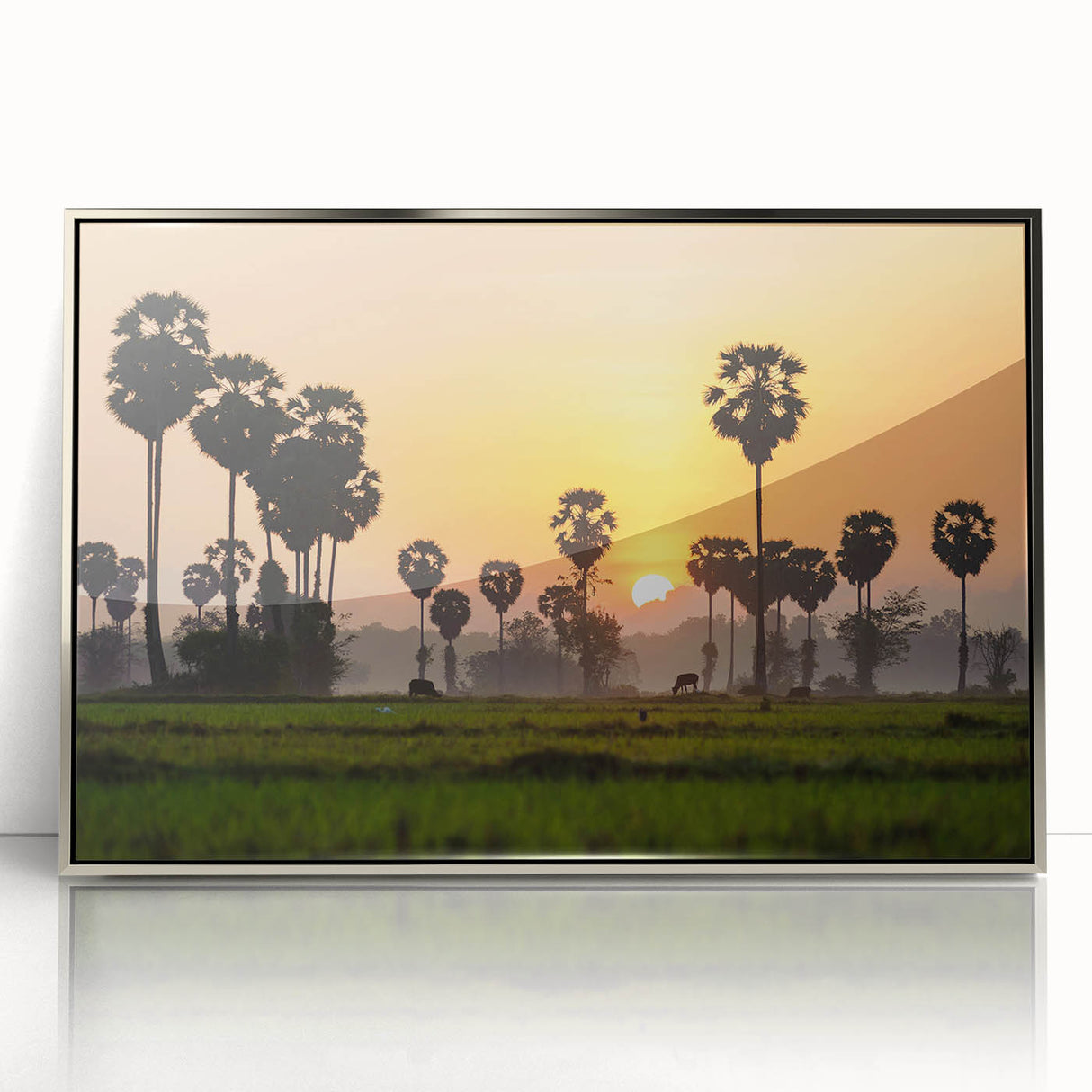 Mid-century modernist art depicting a serene Cambodian landscape in muted earth tones, framed in silver acrylic.