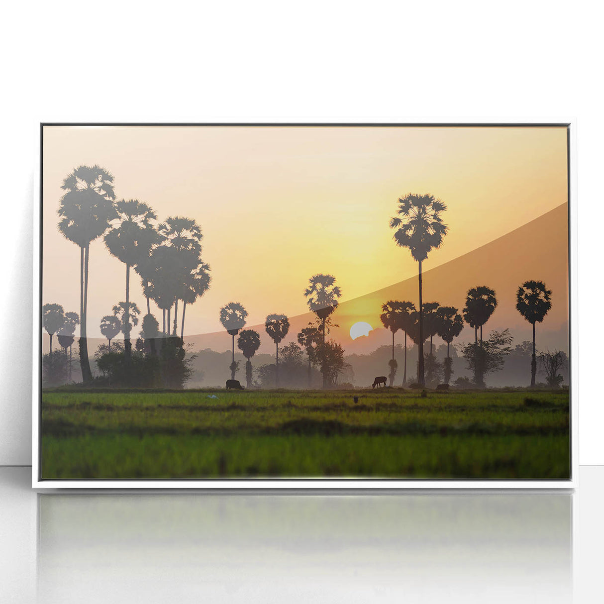 Acrylic print of a serene Cambodian landscape in soft pastel colors, framed in white, ideal for nursery wall art.