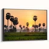 Black and white landscape art painting of Cambodian scenery on framed canvas, suitable for bedroom decor.