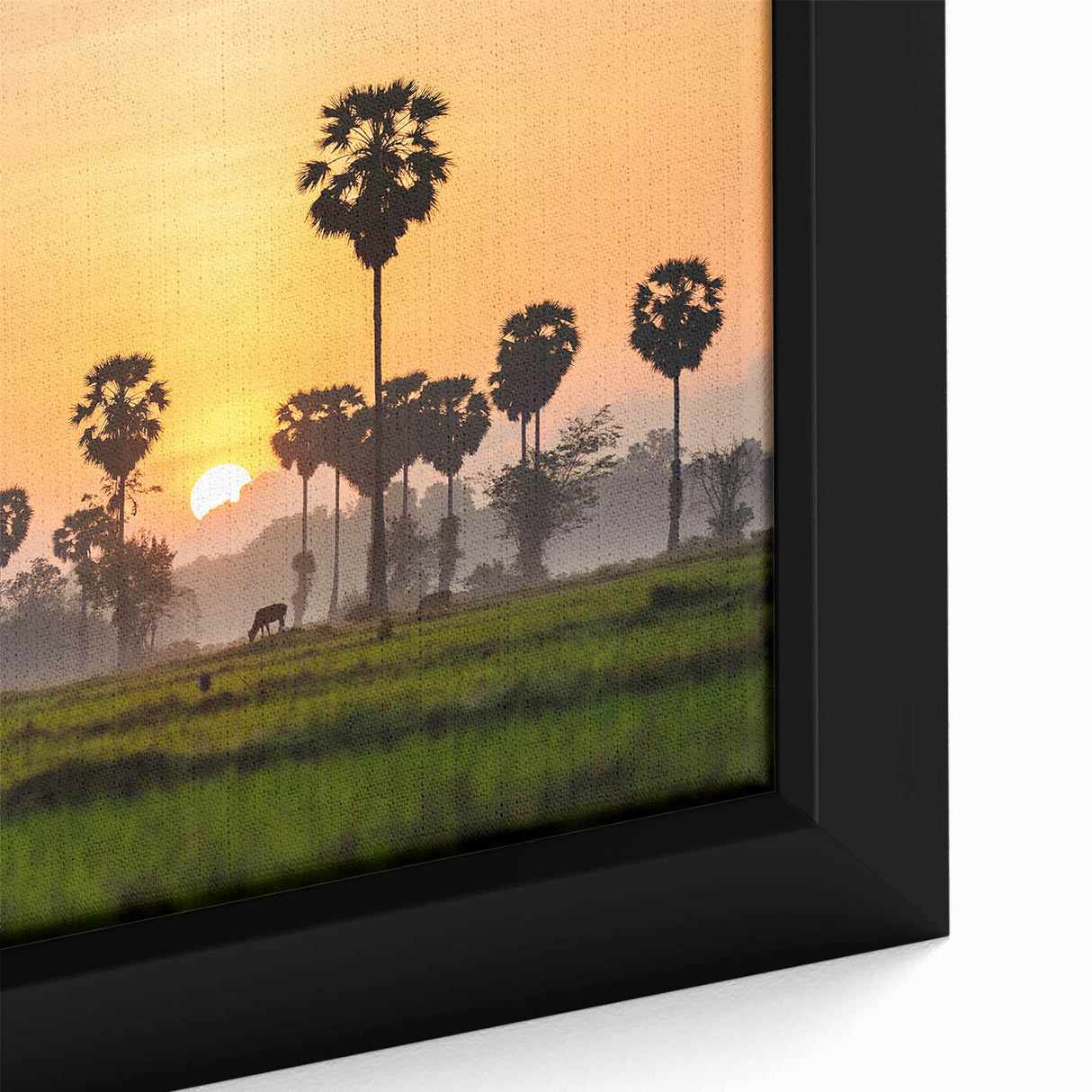 Extra large framed canvas featuring a textured depiction of a Cambodian landscape in black with colorful art accents.