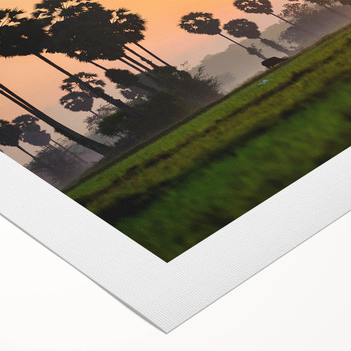 Art deco poster of a Cambodian landscape in muted earth tones on rolled canvas, suitable for dining room decor.