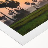 Art deco poster of a Cambodian landscape in muted earth tones on rolled canvas, suitable for dining room decor.