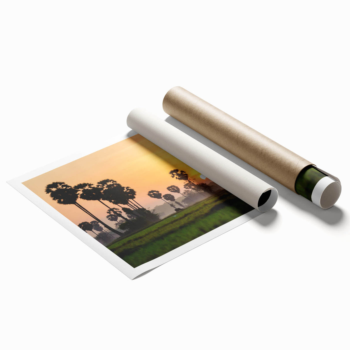 Extra large rolled print of a Cambodian scenery with vibrant greens and floral elements.